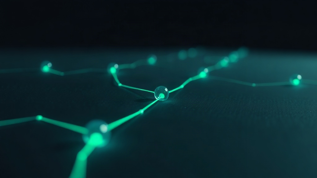 Abstract macro of a glowing line connecting nodes, concept art standing in for the evidence ledger.