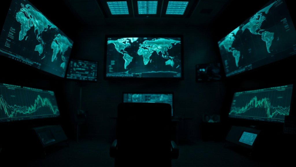 Concept rendering of an operations room with wall screens showing map data, generated art, not a real facility.