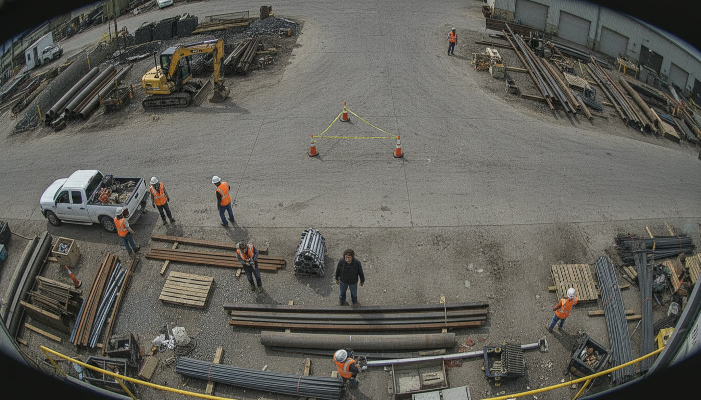 Fisheye ground CCTV view of a construction yard, workers and machinery visible.